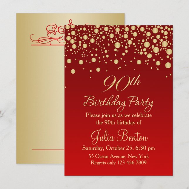 Golden confetti on red 90th Birthday Invitation (Front/Back)