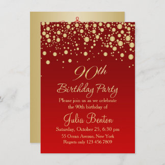 Golden confetti on red 90th Birthday Invitation