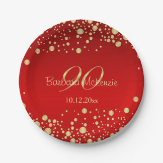 Golden confetti on red 90th Birthday Paper Plates