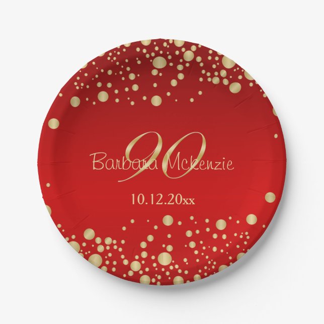 Golden confetti on red 90th Birthday Paper Plates (Front)
