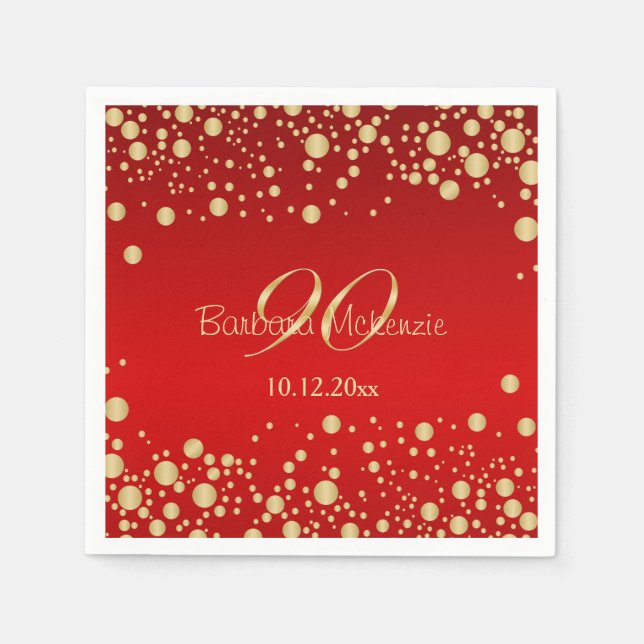 Golden confetti on red 90th Birthday Party Napkins (Front)