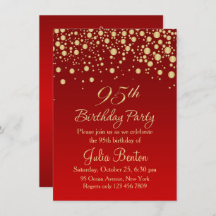 Golden confetti on red 95th Birthday Invitation