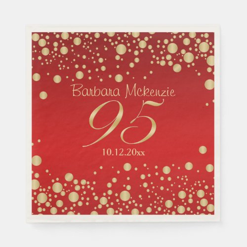 Golden confetti on red 95th Birthday Party Napkins