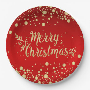 Golden confetti on red Merry Christmas Paper Plates
