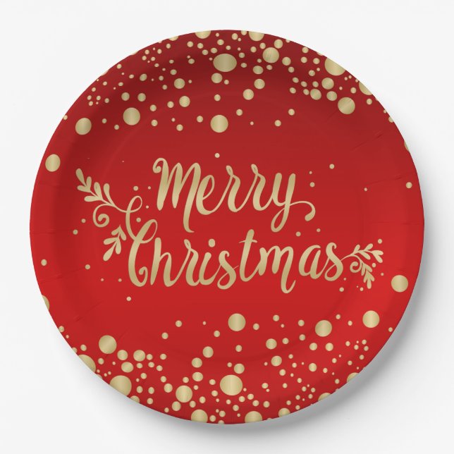 Golden confetti on red Merry Christmas Paper Plates (Front)