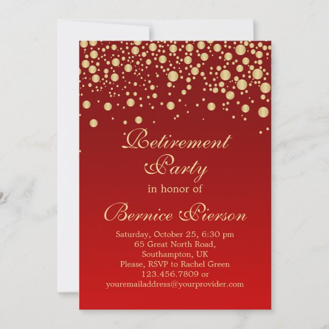 Golden confetti on red Retirement Party Invitation (Front)