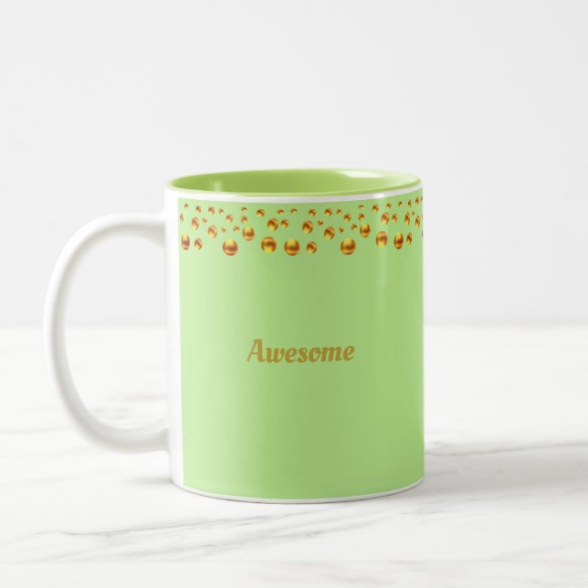 Golden Confetti & Personalized Text on Lime Green Two-Tone Coffee Mug (Left)