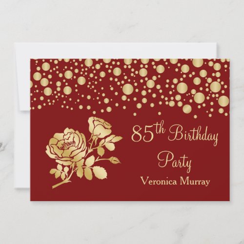 Golden confetti rose on red 85th Birthday Invitation