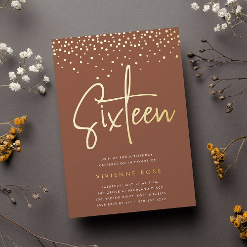 Golden Confetti Sweet Sixteen Birthday Party Foil Invitation