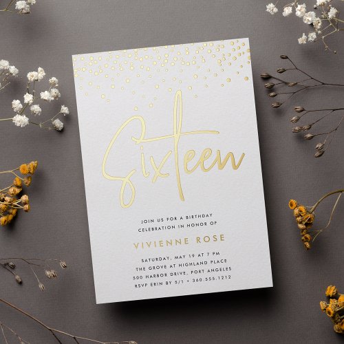 Golden Confetti Sweet Sixteen Birthday Party Foil Invitation