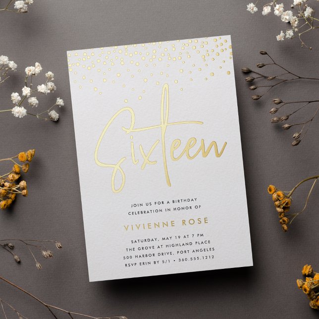 Golden Confetti Sweet Sixteen Birthday Party Foil Invitation (Creator Uploaded)
