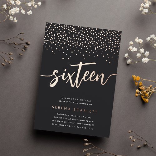 Golden Confetti Sweet Sixteen Birthday Party Foil Invitation