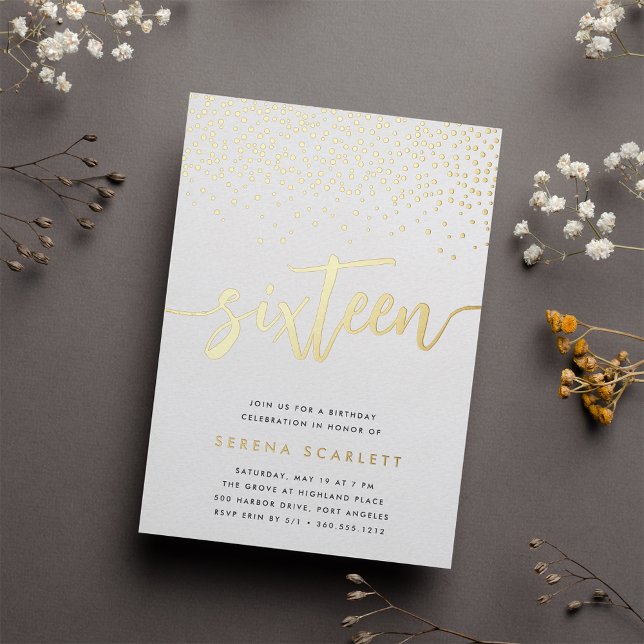 Golden Confetti Sweet Sixteen Birthday Party Foil Invitation (Creator Uploaded)