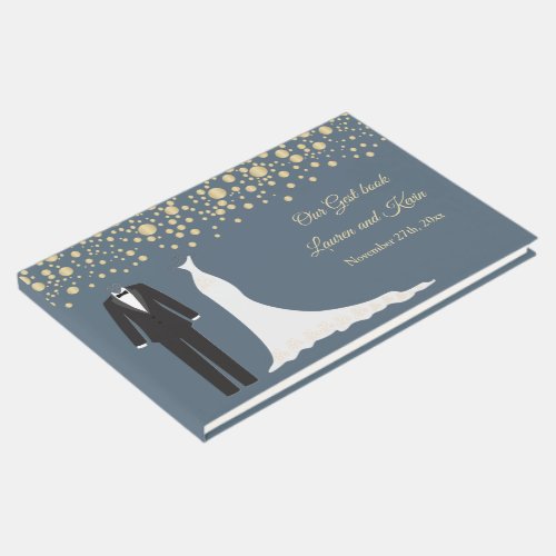 Golden confetti tuxedo and Gown Wedding Guest Book