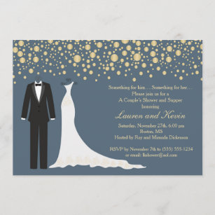 Golden confetti, Tuxedo & Gown Wedding Shower Invitation