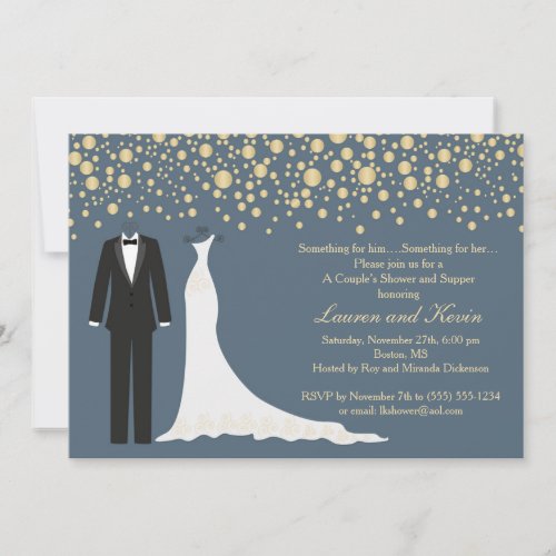 Golden confetti Tuxedo  Gown Wedding Shower Invitation