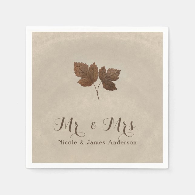 Golden Copper Fall Leaves Elegant Custom Party Napkins (Front)