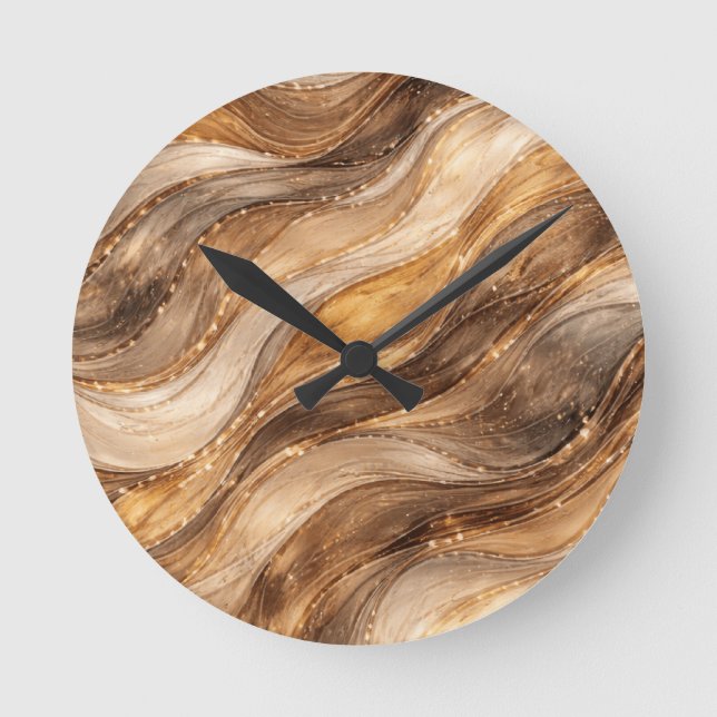 Golden Copper Waves Abstract Pattern Leggings Round Clock (Front)