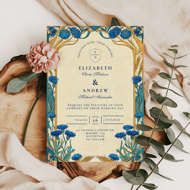 Golden Cornflower Art Nouveau Wedding Invitation (Creator Uploaded)