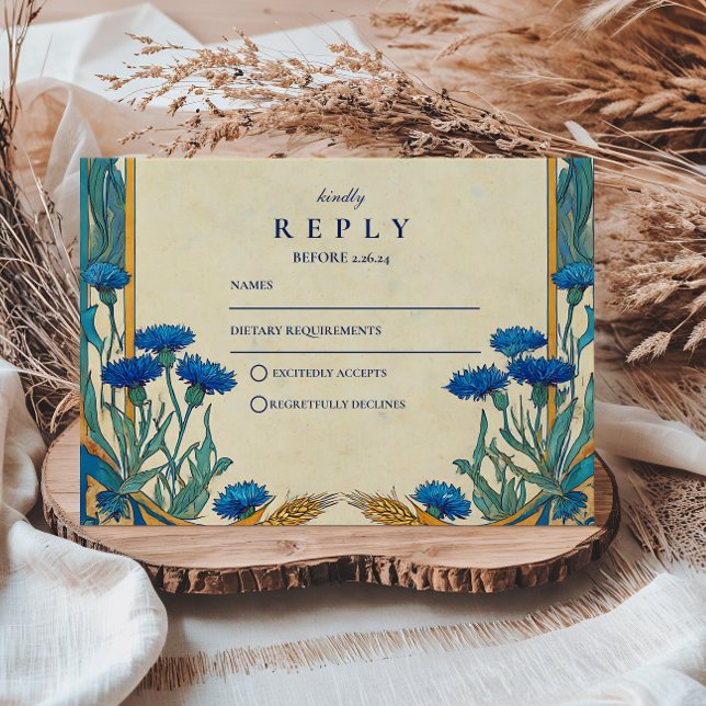 Golden Cornflower Art Nouveau Wedding RSVP Card (Creator Uploaded)