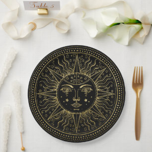 Golden Cosmos   Elegant Gold Sun Face on Black Paper Plates
