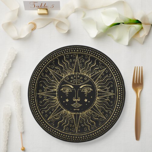 Golden Cosmos  Elegant Gold Sun Face on Black Paper Plates