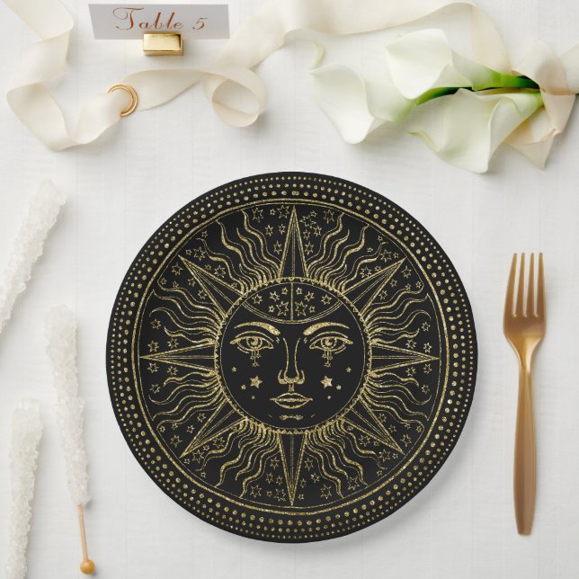 Golden Cosmos | Elegant Gold Sun Face on Black Paper Plates (Wedding)