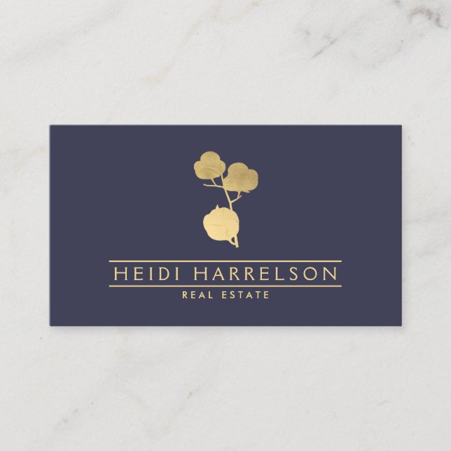 Golden Cotton Plant on Dusky Blue Business Card (Front)