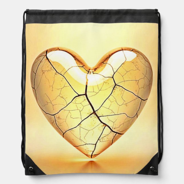 Golden Cracked Heart Art Drawstring Bag (Front)