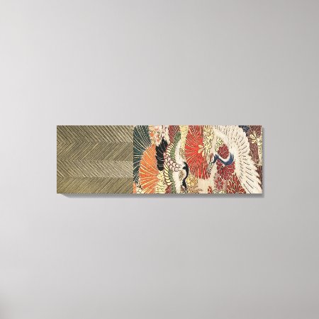 Golden Crane On Silk Tapestry Canvas Print