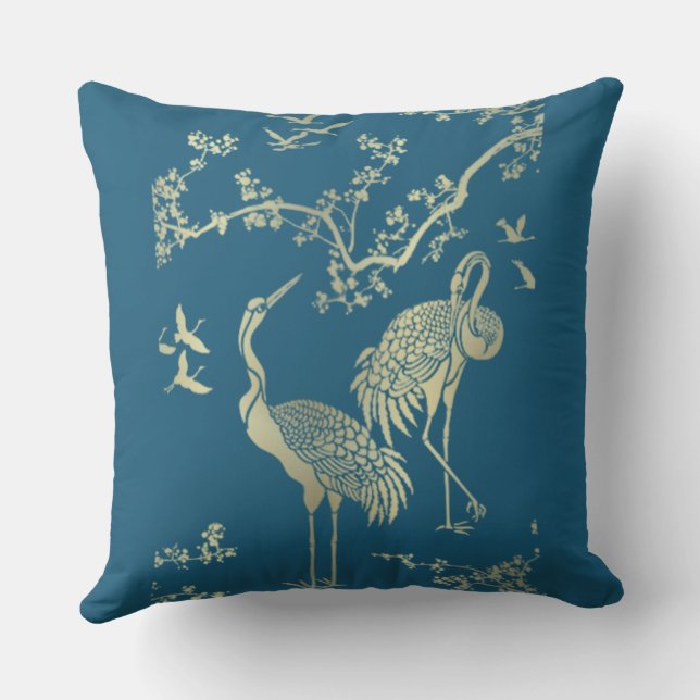 Golden cranes Art, Blue background Outdoor Pillow (Back)