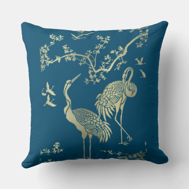 Golden cranes Art, Blue background  Throw Pillow (Back)