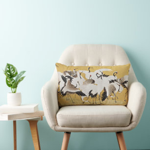 Golden Cranes Lumbar Pillow   Japanese Elegance
