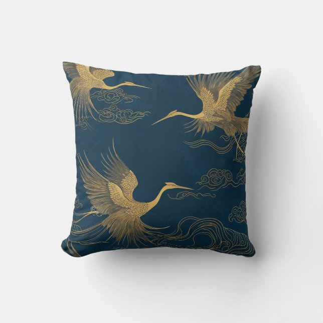 Golden Cranes on Midnight Blue Throw Pillow (Front)