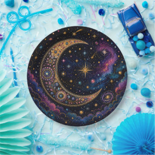 Golden Crescent Moon in Starry Night Paper Plate