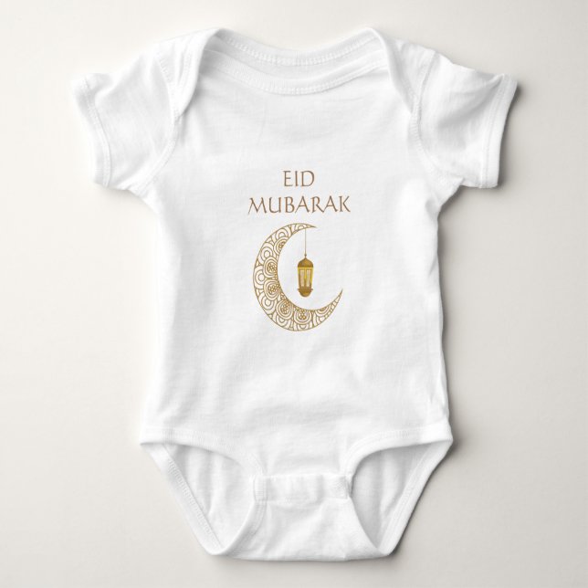 Golden Crescent Moon & Lantern Eid Mubarak Islamic Baby Bodysuit (Front)