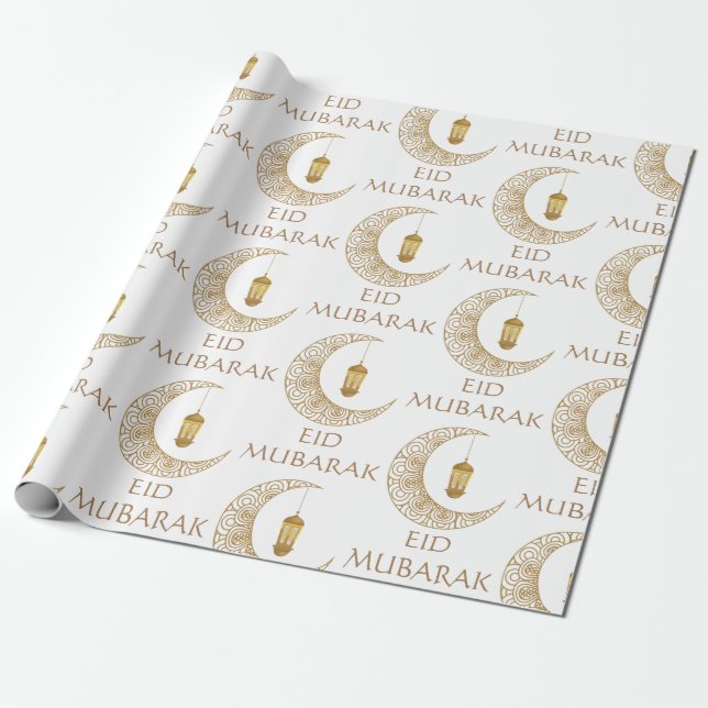 Golden Crescent Moon & Lantern Eid Mubarak Islamic Wrapping Paper (Unrolled)