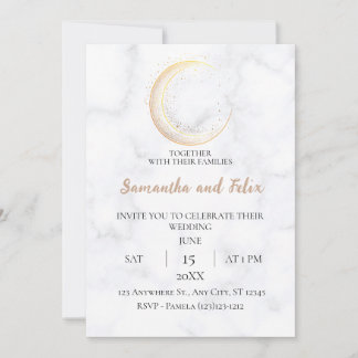 Golden Crescent Moon Magick Marble Wedding Invitation