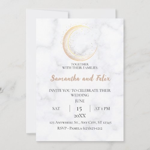 Golden Crescent Moon Magick Marble Wedding Invitation