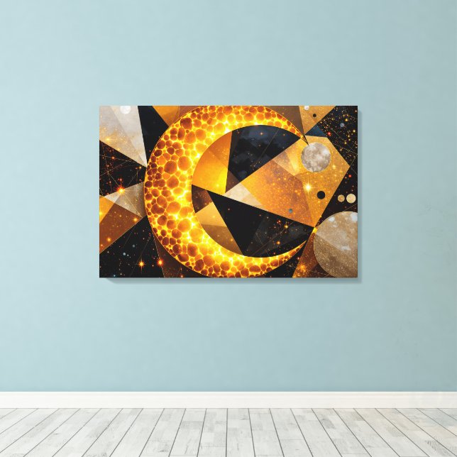 Golden Crescent Moon with Cosmic Geometric Stars Canvas Print (Insitu(Wood Floor))