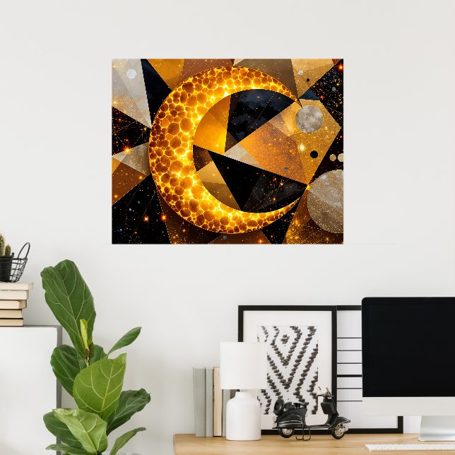 Golden Crescent Moon with Cosmic Geometric Stars Poster (Home Office)