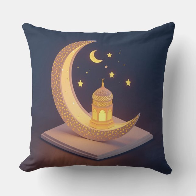 Golden Crescent Moon with Islamic Lantern Art Throw Pillow (Front)