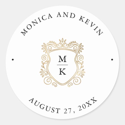 Golden Crest  Elegant Black and White Wedding Classic Round Sticker