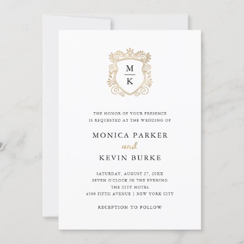 Golden Crest  Elegant Black and White Wedding Invitation