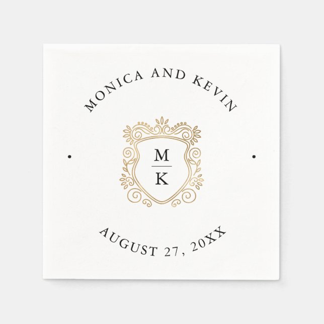 Golden Crest | Elegant Black and White Wedding Napkins (Front)