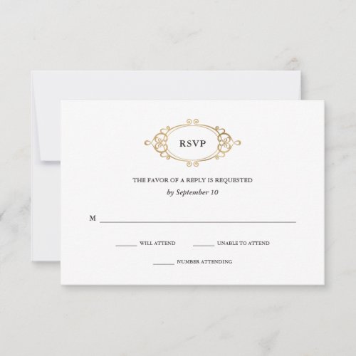 Golden Crest  Elegant Black and White Wedding RSVP Card