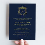 Golden Crest | Elegant Navy Graduation Party Foil Invitation<br><div class="desc">These simple and elegant graduation party invitations feature a gold foil crest with your monogram in the center,  and modern gold foil text on a dark,  navy blue background. A classy and modern look grad.</div>