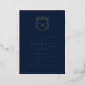 Golden Crest | Elegant Navy Graduation Party Foil Invitation (Standing Front)