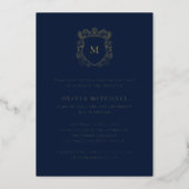 Golden Crest | Elegant Navy Graduation Party Foil Invitation (Front)