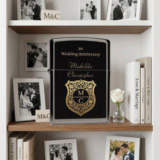 Golden Crest Monogram Wedding Anniversary Couple Zippo Lighter
